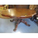 A Victorian rosewood breakfast table having a turned support and scroll shaped legs, 71cm h x 147.