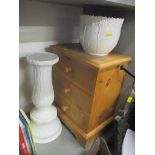 A modern pine three drawer bedside chest and a white glazed jardiniere and stand