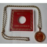 A 1931 George V South African gold sovereign in a mount on a 9ct gold open link chain, 20.78g