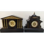 Two black slate mantle clocks to include a French made example having a circular dial, supported