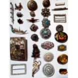 Vintage brooches to include silver examples, a Siam Sterling silver gilt and enamelled brooch ion