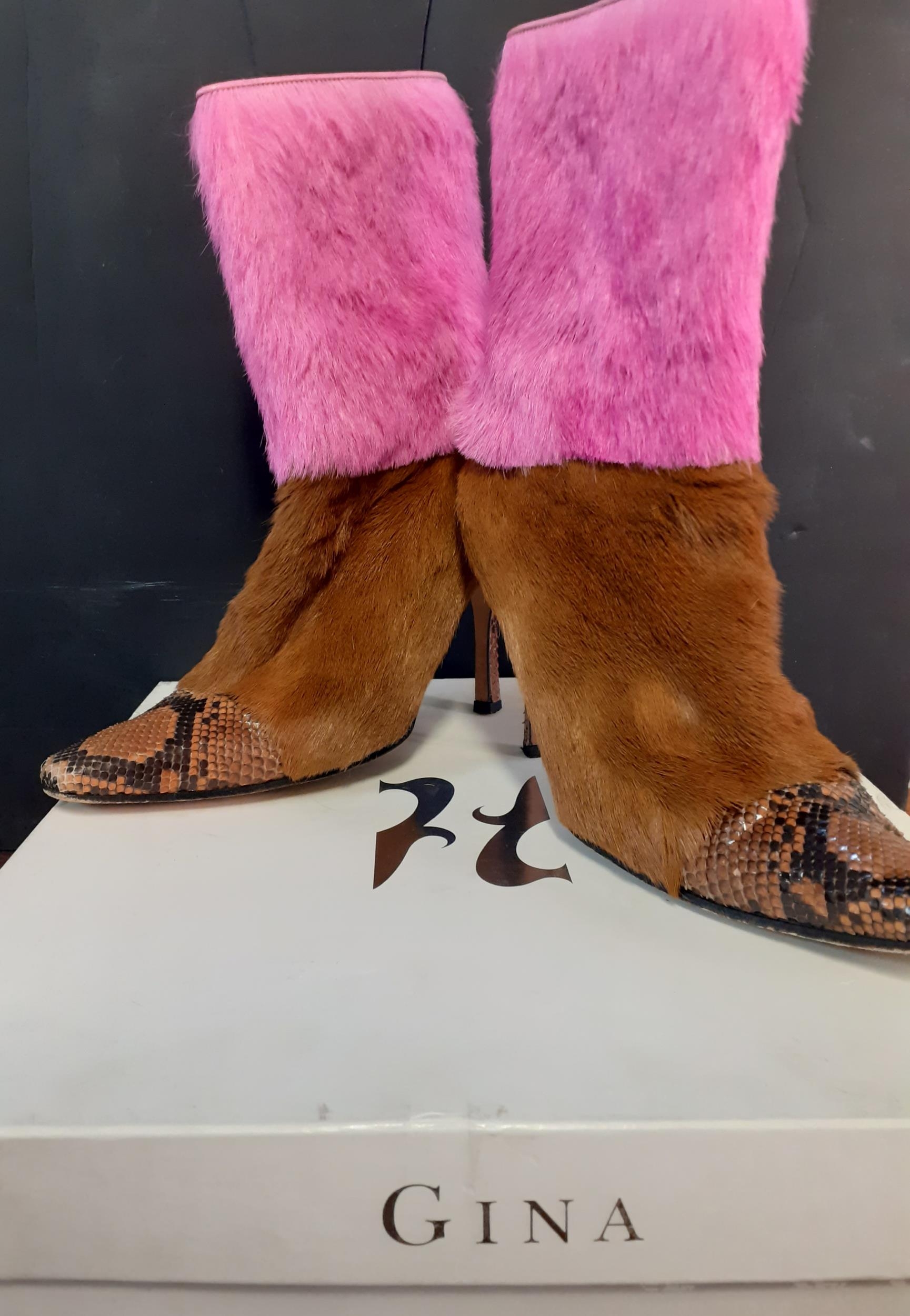 Gina-A pair of Gina pony skin boots in tan and pink with contrasting faux snakeskin toe area, UK - Image 2 of 7
