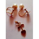 A pair of 14 carat gold and pearl clip on earrings, total weight 1.6g together with a small 9