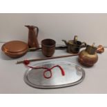 Mixed copper and brassware to include a warming pan, horn A/F, vase, jug and watering can,