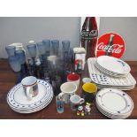 A mixed lot to include glassware, American style plates, Coca Cola signs, bottles and other items