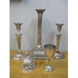 Mixed 19th century and later silver plate to include a large candlestick with a Corinthian