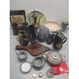 A mixed lot to include bellows, Middle Eastern brass pot, pewter tea set, coins and other items