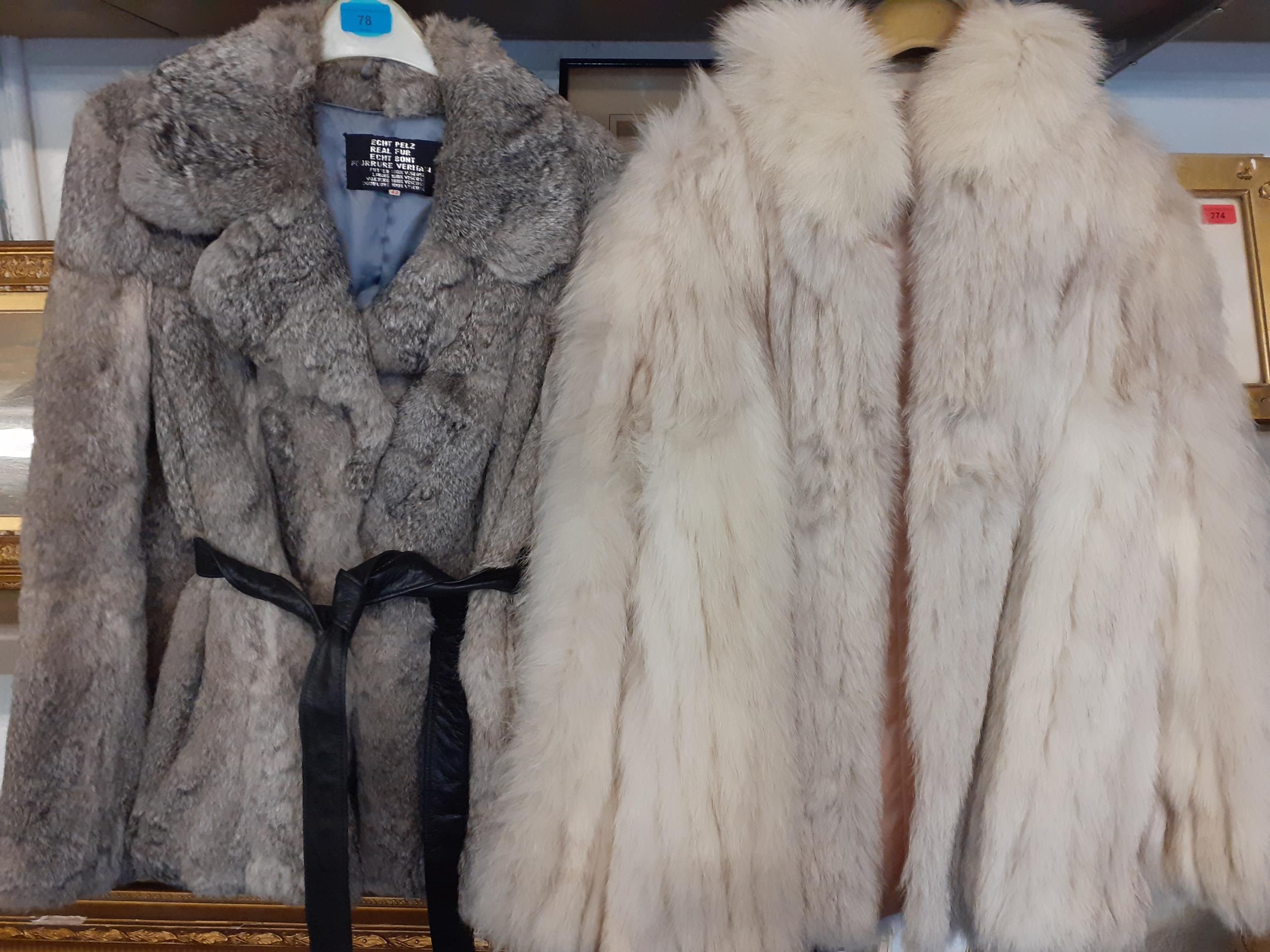 Two fur ladies jackets, one a Retro grey rabbit fur jacket with black leather belt, European size 42