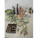 Ceramics to include Royal Doulton figures Anne Boleyn, Pearly Boy, The Mask Seller, The Wizard,