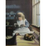 D.J Lawrence - Honey and Marmalade - an interior study of a young girl reading by a window, a cat