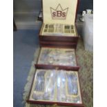 A cased set of SBS stainless steel and gilded cutlery set, Location: