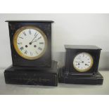 Two 19th century black slate 8-day mantel clocks, both with Roman numerals and Breyuet style hands