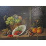 A modern still life oil on canvas painting in the Dutch style, with a woven basket of fruit,