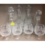 Waterford Colleen crystal glassware comprising a pair of wine decanters, a brandy ships decanter and