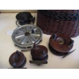 A wicker Cread reproduction side caster, wooden reels etc