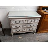 A 19th century French painted three drawer commode on carved, cabriole legs, 85cm h, 100w