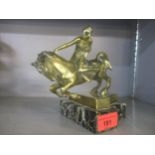 B Lach - a brass/bronze sculpture of a horse and rider mounted on a variegated marble base 16cm h