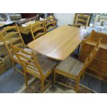 An Ercol blonde elm dining table in the refectory style, 73cm h x 152cm w, together with six Ercol