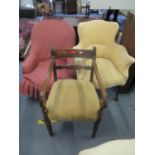 Three chairs to include a nursing chair, beige upholstered bedroom chair and a Regency charver chair