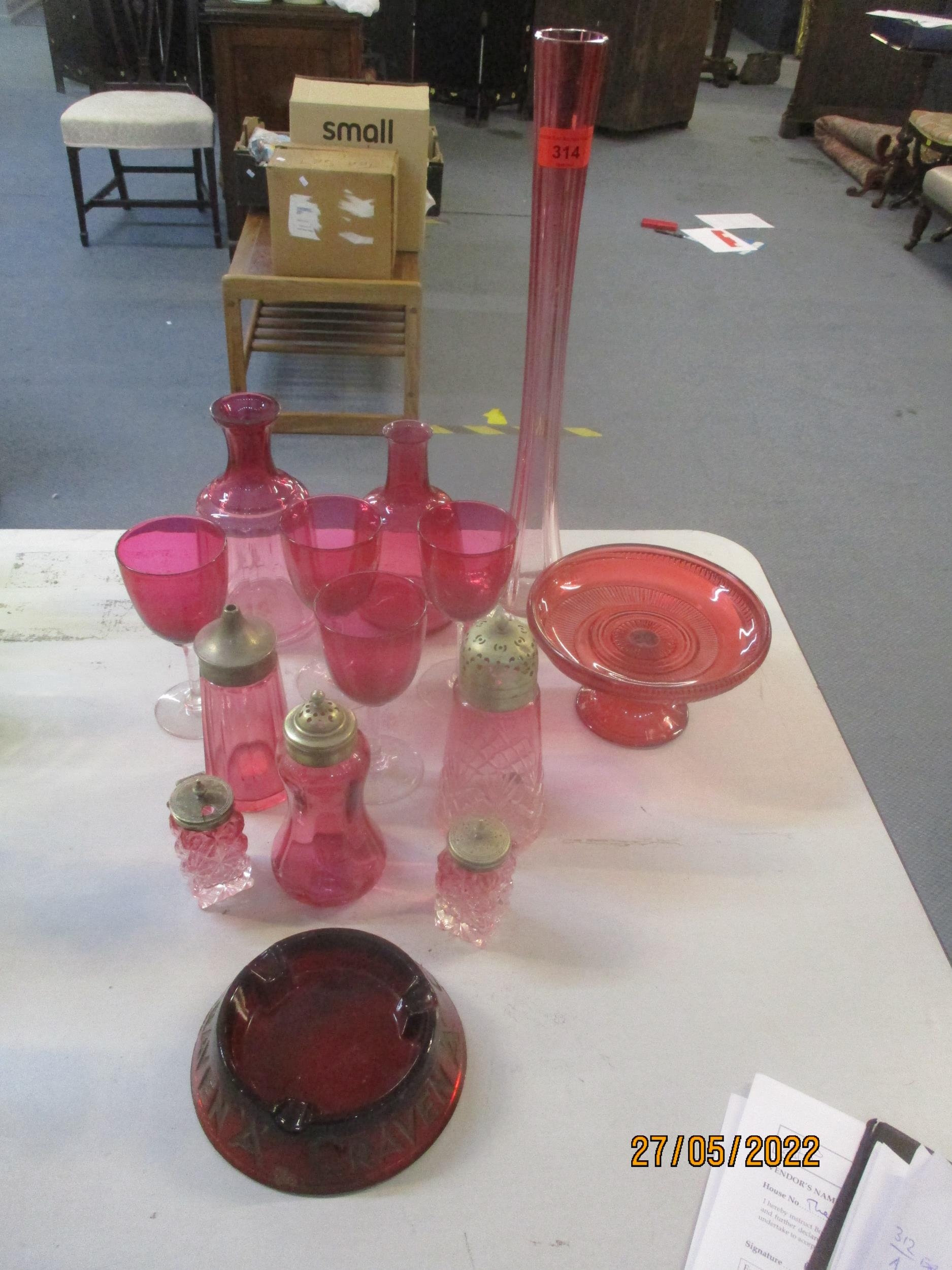 A selection of Victorian cranberry and ruby glass to include a spill vase, carafes, sugar casters - Image 2 of 2