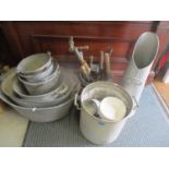 A collection of galvanized oval wash bowl and enamelled jug etc