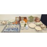 Ceramics and glassware to include two decanters, woven basket style bowls and Delft tiles