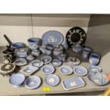 Wedgwood black and blue jasper stoneware to include dishes, lidded pots, vases, a basket and other
