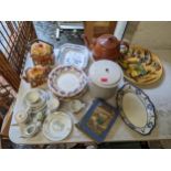 Kitchen related items to include Wedgwood Beatrix Potter plates and cups, an enamelled tin, a