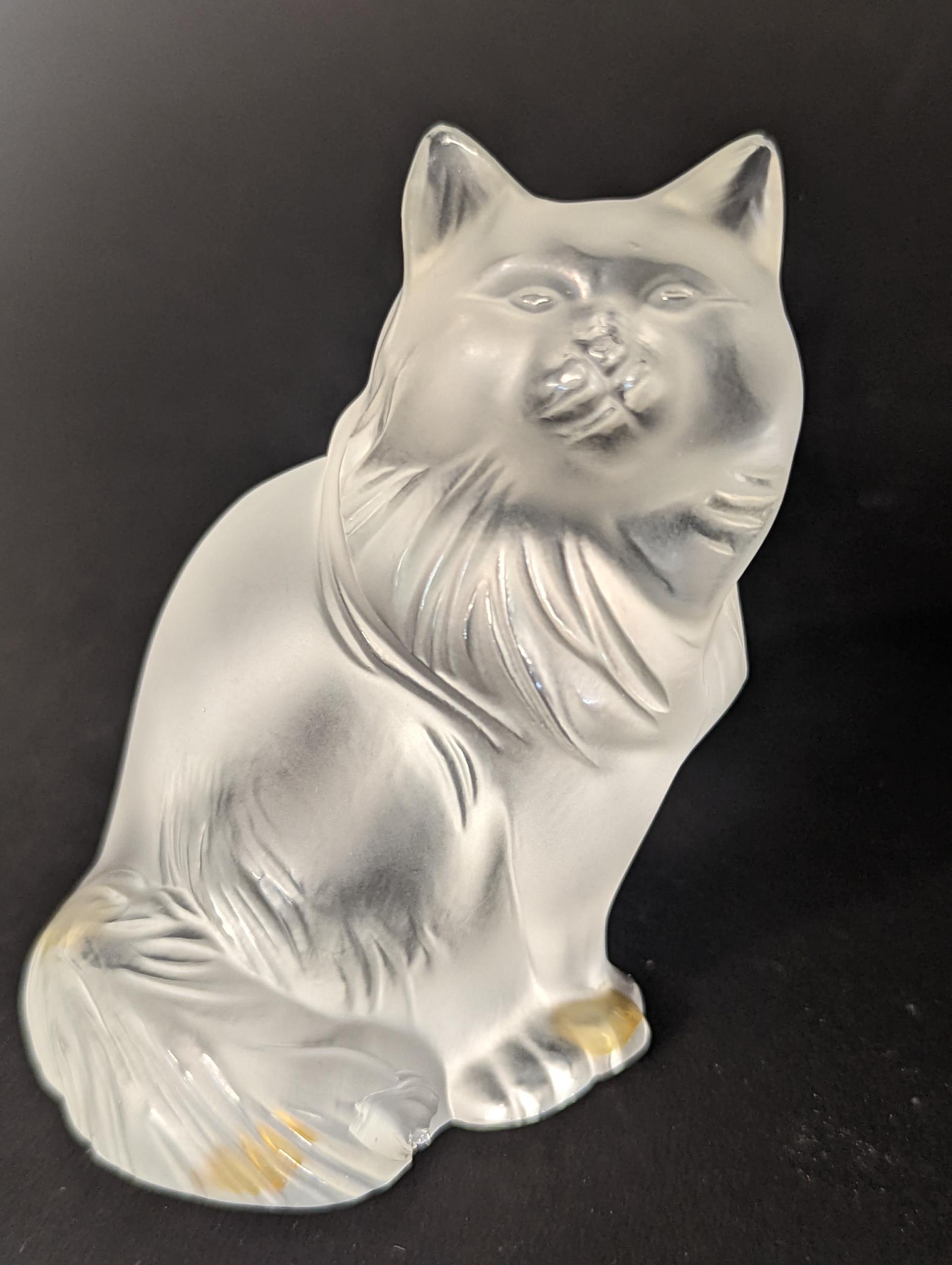 A Lalique frosted glass model of a seated cat, 7.5cm tall Location: Porters