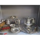 A selection of silver plate to include a Derby silver company three piece tea set, silver plated