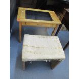 A vintage childs beech low desk, 52.5cm x 71cm w, together with a stool Location: