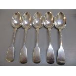 A set of five silver dessert spoons, hallmarked London 1816. 232.2g Location: