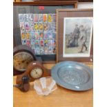 Mounted Wills Wild Flowers cigarette cards framed, together with a Durand glass dish, a pewter