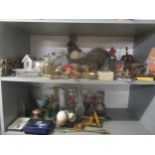 A miscellaneous lot to include African wooden animals, copper and brass tea kettle, silver plate,