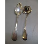 A Scottish silver salmon ladle, Edinburgh 1828, together with a dessert spoon, London 1868, 80.6g