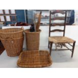 Mixed baskets and an early 20th century rush seated oak chair and other items Location: A1B