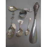 Mixed silver and white metal to include a Danish 'Eysir Island' spoon, Dutch embossed spoon,