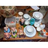 Ceramics to include Wade and other pig money boxes, a dinner service, a chess set, a hide lamp and