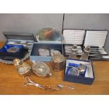 Silver plate to include dessert knives, Wedgwood coasters, sauce boat, teaspoons, wine funnel and