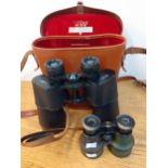 A pair of Wray binoculars in brown leather travel case, together with a pair of verdigris vintage
