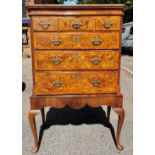 A Queen Anne burr and figured walnut chest on stand, with moulded cavetto cornice above three