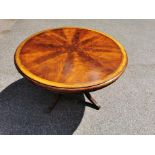 A Regency style flame mahogany and satinwood veneer 'jupe' extending dining table, starting as a
