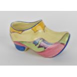 A Clarice Cliff 'Gibraltar' pattern porcelain model of a clog, from the 'Bizarre' collection, the