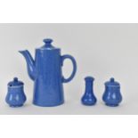 A Moorcroft speckled blue glazed coffee pot, 14.5cm h and matching three piece condiment set