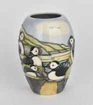 A Moorcroft pottery 'Puffin' pattern baluster vase designed by Carol Lovett, 1997, with impressed