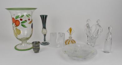 A small collection of glassware, to include a glass sculpture by Paul Critchley, a pair of vases