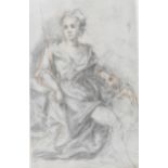 A 19th century portrait of a young woman sat on a chair with a dog at her feet, pencil and pastel,