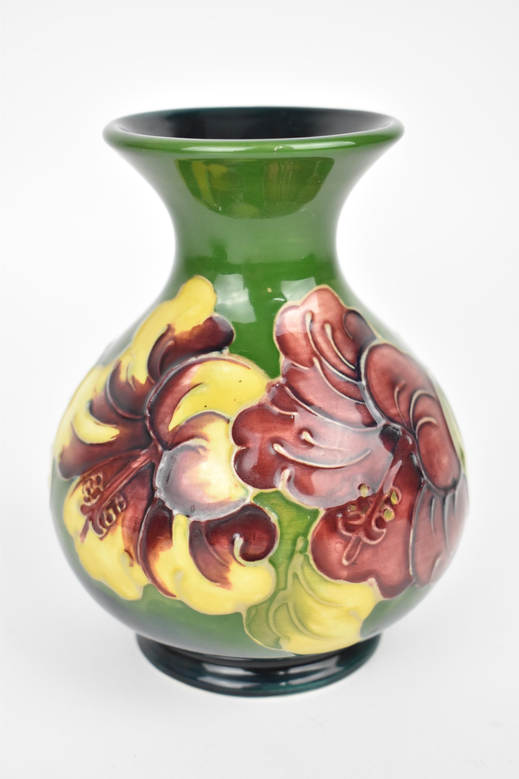 A Moorcroft pottery 'Hibiscus' pattern vase, designed with globular body and everted rim decorated - Image 2 of 6