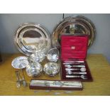 Silver plate to include a serving set with mother of pearl handles, cased, two platters, Elkington