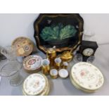 A mixed lot to include a late 19th/early 20th century tray, slate mantel clock, mixed glassware, a